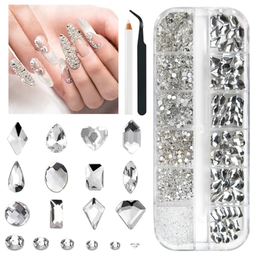 1300Pcs Kristall Weiß Glitzersteine Strasssteine Nägel, 60 12-Typen Groß Glitzer Steine+1240 6-Größen K9 Glas Runde Nagel Steinchen Rhinestones Nailart nageldesign Nagel Charms für Nagelkunst Gesicht von qiipii