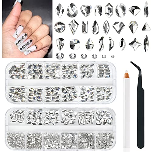 1420Pcs Kristall Weiß Glitzersteine Strasssteine Nägel, 180 24-Typen Groß Glitzer Steine+1240 6-Größen K9 Glas Runde Nagel Steinchen Rhinestones Nailart nageldesign Nagel Charms für Nagelkunst Gesicht von qiipii