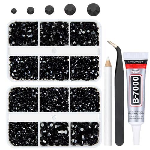 qiipii 3060 Stück schwarze Harz-Strasssteine mit flacher Rückseite zum Basteln, reine schwarze flache Rückseite, Gelee-Strasssteine, 2 mm, 3 mm, 4 mm, 5 mm, 6 mm, nicht Hotfix, Flaschen, DIY Handwerk von qiipii
