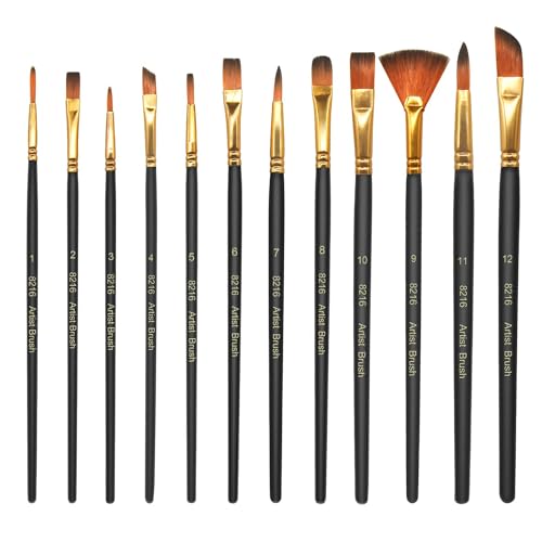 12 Stück Pinselset,Premium Nylon Acrylfarben Pinsel,Künstler Acryl Bürste,Malerei Ölfarben Brush Set fur Acrylfarben,Öle und Gouache, Schwarz von qijiefenCC