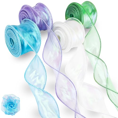 qingmeng 4 Stück Satinband, 40mm x 9M Organzaband Schimmernd Weiss Blau Grün Lila Geschenkband Breit, Schleifenband Chiffonband Seidenband Hochzeit Ribbon Bänder zum Basteln für Geschenkverpackung von qingmeng