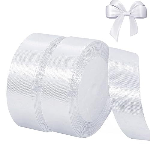 qingmeng Satinband Weiss, 44m Geschenkband Weiss Breit, 20mm Schleifenband Weiss, Geschenkband Hochzeit Stoff, Weiss Geschenk Band Geschenkbänder für Taufe Geburtstag Deko Geschenkverpackung von qingmeng