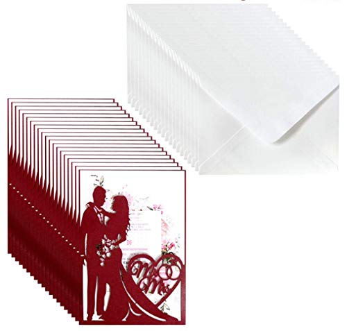 qiuxiaoaa 20Pcs / Set Laser Cut Mr & Mrs Hochzeitseinladungskarte Einladungsumschläge Kit Brautdusche Verlobungsfeier liefert Hochzeit Openwork Einladung Dunkelrot von qiuxiaoaa