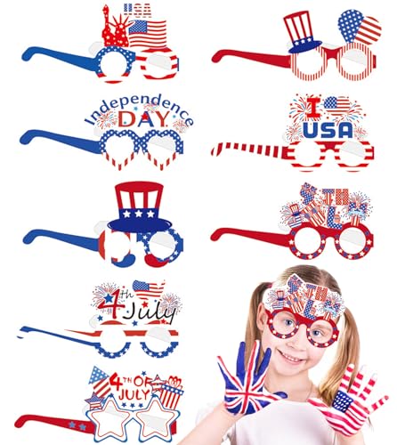 8 Stück Unabhängigkeitstag-Dekorationen, Brillen, patriotische Party, Papierbrille, amerikanische Flagge, Sonnenbrille, Brillen, USA, Veteranen, Gedenktag, Foto-Hintergrund, Requisiten für Kinder und von qiyeyeye