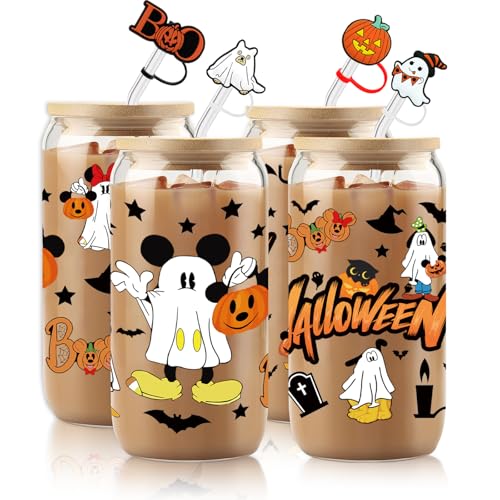 qiyeyeye 4 x 473 ml Halloween-Geister-Glasbecher mit Deckel und Strohhalmen, niedliches Maus- und Kürbis-Muster, Eiskaffee-Becher, Halloween-Box für Erwachsene und Jugendliche, inklusive 1 von qiyeyeye