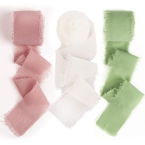 quiodok 3 Rollen Chiffon-Seidenband Handgefertigtes Fransen-Chiffonband Schleifenband Hochzeit Chiffonband für Hochzeitseinladungen, Brautsträuße, Geschenkverpackungen- Grün, Altrosa, Weiß von quiodok