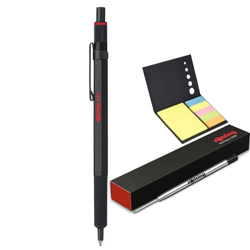 rOtring 600 Kugelschreiber + Haftnotizen + Stiftmine (M) | Schwarze Tinte | Schwarzer Schaft mit rutschfestem gerändeltem Griff von rOtring