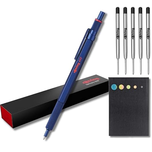 rOtring 600 Kugelschreiber-Set, mittlere Spitze, schwarze Tinte, blauer Schaft mit rutschfestem gerändeltem Griff, 5 schwarze Minen (M) + Haftnotizen von rOtring