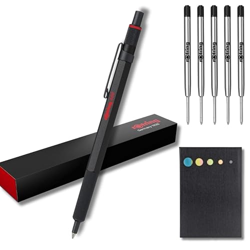 rOtring 600 Kugelschreiber-Set, mittlere Spitze, schwarze Tinte, schwarzer Schaft mit rutschfestem gerändeltem Griff, 5 schwarze Minen (M) + Haftnotizen von rOtring