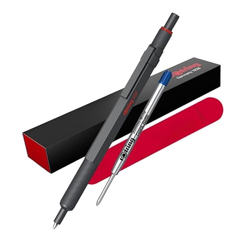 rOtring 600 Kugelschreiber & Samtetui, mittlere Spitze, schwarze Tinte, Ganzmetall-Körperstift, dunkler Stein, rutschfester gerändelter Griff und sechseckiger Schaft, nachfüllbar, Set mit extra blauer von rOtring