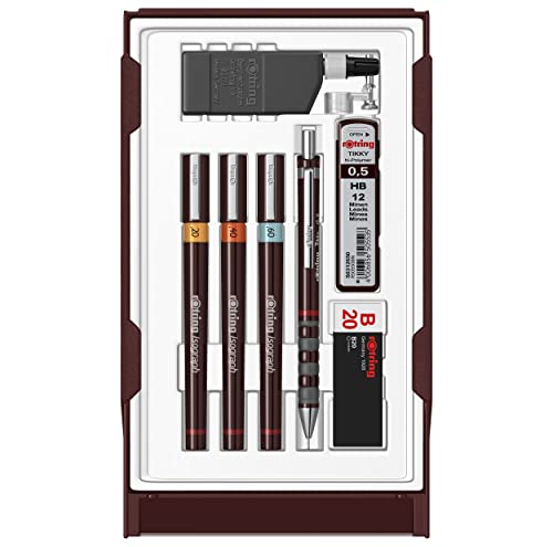 rOtring Isograph Fineliner College Set | 3 Isograph Tuschefüller (0,20 mm, 0,40 mm und 0,60 mm), Tikky Druckbleistift (0,5mm) und Zubehör von rOtring