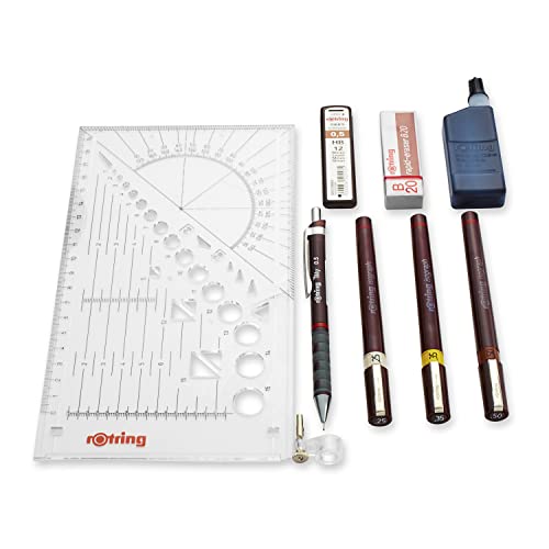 rOtring Isograph Fineliner College Set | 3 Isograph Tuschefüller (0,25 mm, 0,35 mm und 0,50 mm), Tikky Druckbleistift (0,5mm) und Zubehör von rOtring