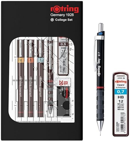 rOtring Isograph Fineliner und Bleistift College-Set, 3 technische Stifte (0,20 mm, 0,40 mm, 0,60 mm) und Druckbleistift (0,5 mm), Schreibgerät-Set von rOtring