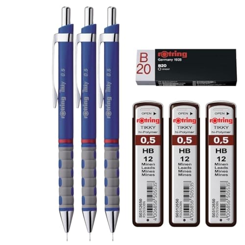 rOtring Tikky Druckbleistifte-Set, HB 0,5 mm, dunkelblaue Barrels, Nachfüllungen und Radiergummi von rOtring