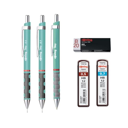 rOtring Tikky Schreibset - 2 Druckbleistifte (0,5 mm & 0,7 mm) + Kugelschreiber - Seeblau - mit Radiergummi & HB Minen - Premium Schreibwaren Kit für Schule, Büro & Zeichnen von rOtring
