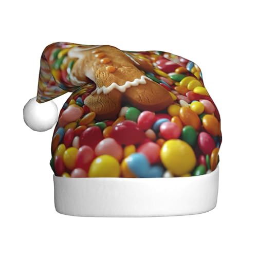 Weihnachtsmütze mit Lebkuchenmann, Süßigkeiten-Druck, Weihnachtsmann-Mütze für Erwachsene, Damen, Herren, Weihnachtsmütze für Neujahr, festliche Party Weihnachtsmütze mit Lebkuchenmann, Süßigkeiten-Druck, Weihnachtsmann-Mütze für Erwachsene, Damen, Herren, Weihnachtsmütze für Neujahr, festliche Party von rannsut