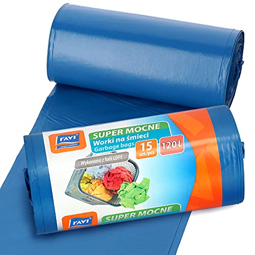 RAVI Müllbeutel, 120L, 15 Stück, blau, Säcke aus LDPE-Folie, Schwerlast Beutel, reißfeste Abfallsäcke, Müllsäcke für Küche, Garage RAVI Müllbeutel, 120L, 15 Stück, blau, Säcke aus LDPE-Folie, Schwerlast Beutel, reißfeste Abfallsäcke, Müllsäcke für Küche, Garage von ravi simple solutions