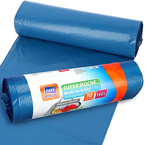 RAVI Müllbeutel, 160L, 10 Stück, blau, Säcke aus LDPE-Folie, Schwerlast Beutel, reißfeste Abfallsäcke, Müllsäcke für Küche, Garage von ravi simple solutions