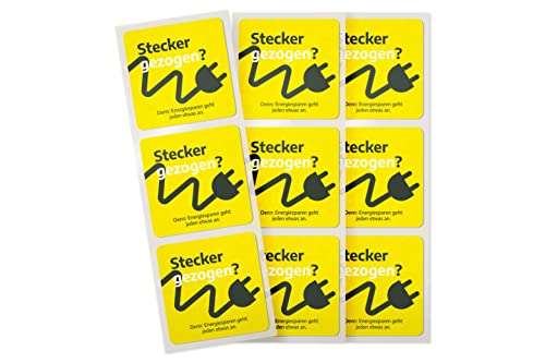 Aufkleber Energie sparen - 9 Stück - 5x5 cm - Sticker mit Hinweisen für Büro und Arbeitsplatz - verschiedene Motive - gelb 50 x 50 mm - selbstklebend, wieder ablösbar (Stecker gezogen?) von reflecto