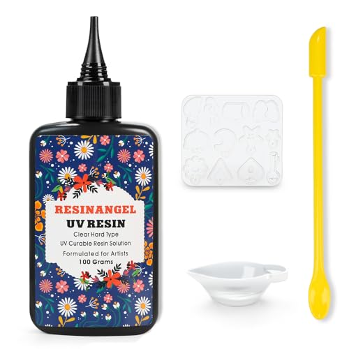 ResinAngel UV-Harz-Set mit Gießwerkzeugen, 100 g, super klar, hart, geruchsarm, vorgemischtes UV-Epoxidharz, schnelle Aushärtung für Anfänger, Schmuckherstellung, Bastelarbeiten, Beschichtung und ResinAngel UV-Harz-Set mit Gießwerkzeugen, 100 g, super klar, hart, geruchsarm, vorgemischtes UV-Epoxidharz, schnelle Aushärtung für Anfänger, Schmuckherstellung, Bastelarbeiten, Beschichtung und von resinangel