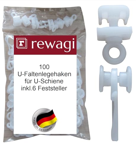 100 rewagi U-Faltenrollen inkl. 6 Feststeller für U-Schiene, Gardinenhaken, Faltenlegehaken, Überklipshaken - WRO 100 rewagi U-Faltenrollen inkl. 6 Feststeller für U-Schiene, Gardinenhaken, Faltenlegehaken, Überklipshaken - WRO von rewagi