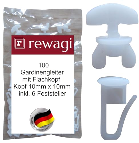 rewagi 100 Gardinengleiter mit Flachkopf – Kopf 10 x 10mm & 6 Feststeller, Überklipshaken, Faltenhaken, Gardinenhaken für Gardinenschiene. rewagi 100 Gardinengleiter mit Flachkopf – Kopf 10 x 10mm & 6 Feststeller, Überklipshaken, Faltenhaken, Gardinenhaken für Gardinenschiene. von rewagi