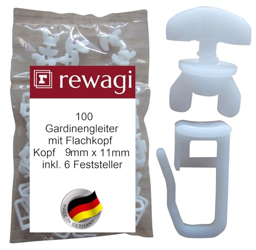 rewagi 100 Gardinengleiter mit Flachkopf – Kopf 9 x 11mm & 6 Feststeller, Überklipshaken, Faltenhaken, Gardinenhaken für Gardinenschiene. von rewagi