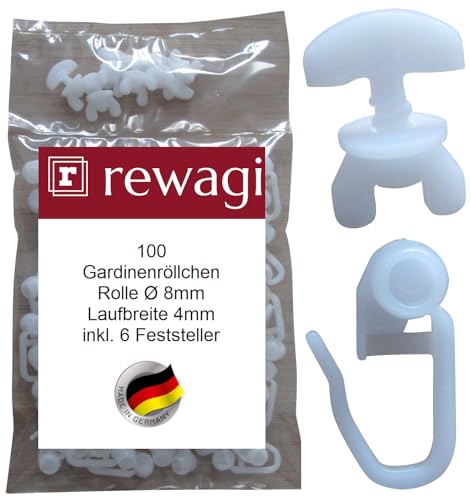 rewagi 100 Gardinenröllchen - Rollringe Gleiter Innenlauf, Rolle Ø 8 mm, Überklipshaken, Faltenlegehaken, Gardinenhaken für Gardinenschiene & 6 Feststeller von rewagi