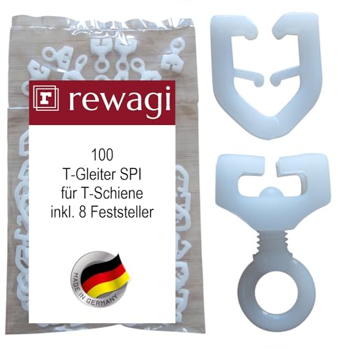 rewagi 100 T-Gleiter SPI, Gardinenhaken & 8 Feststeller für T-Schienen, Überklipshaken, Faltenhaken - weiß von rewagi