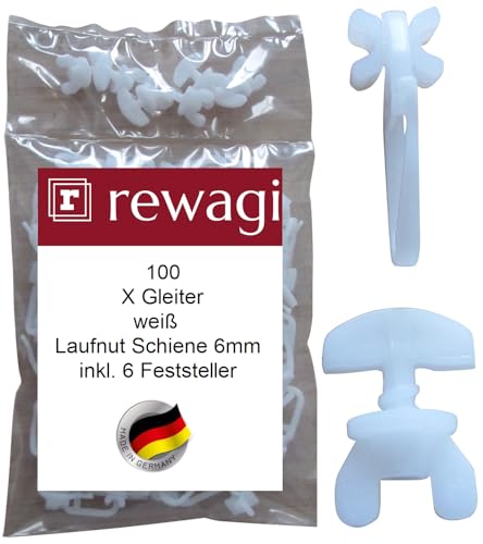 rewagi 100 X Gleiter & 6 Feststeller, Überklipshaken, Faltenhaken, Gardinenhaken für Gardinenschiene von rewagi