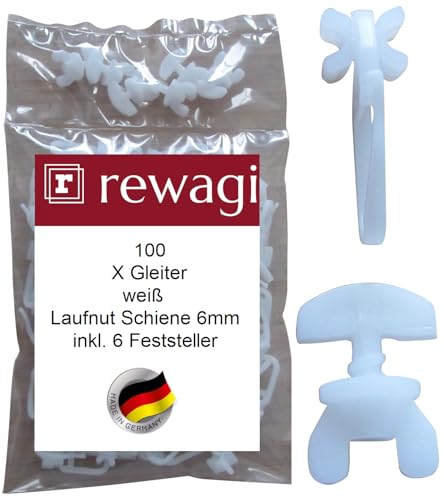 rewagi 100 X Gleiter & 6 Feststeller, Überklipshaken, Faltenhaken, Gardinenhaken für Gardinenschiene rewagi 100 X Gleiter & 6 Feststeller, Überklipshaken, Faltenhaken, Gardinenhaken für Gardinenschiene von rewagi