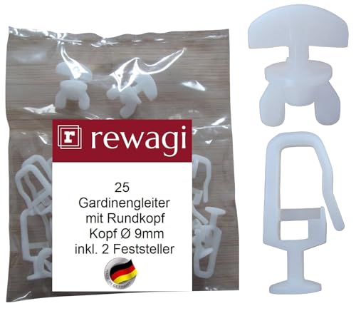 rewagi 25 Gardinengleiter mit Rundkopf Ø 9 mm & 2 Feststeller, Faltengleiter, Überklipshaken, Gardinenhaken für Gardinenschiene von rewagi