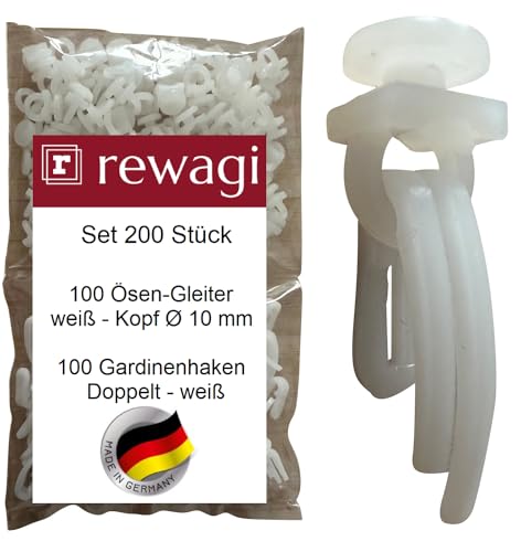 rewagi Set - 100 Ösen-Gleiter & 100 Gardinenhaken - Doppelt, Überklipshaken, Faltenhaken für Gardinenschienen von rewagi