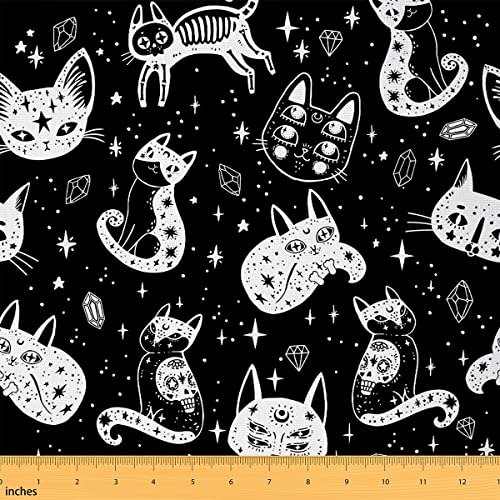 Katzen-Skelett-Stoff von The Yard, Sternen-Galaxie, exotischer Stil, Polsterstoff für Stühle, Halloween-Thema, Gothic-Totenkopf-Druck, dekorativer wasserdichter Outdoor-Stoff, 2,7 m, schwarz-weiß von richhome