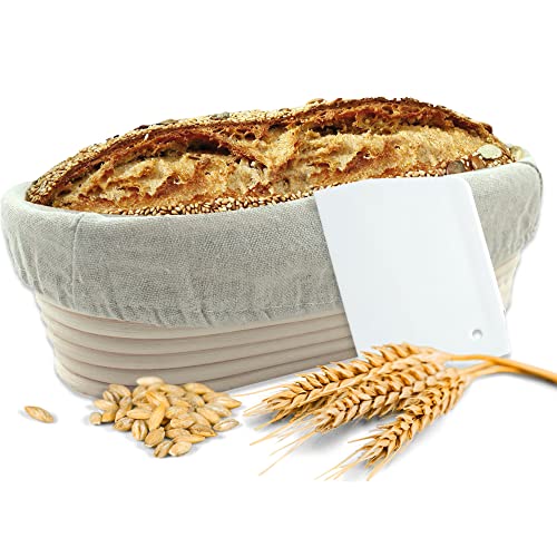 Gärkörbchen + Teigschaber – Der ideale Gärkorb aus natürlichem Peddigrohr (oval, 35 cm) – mit Leineneinsatz, rostfrei geklammert von riijk