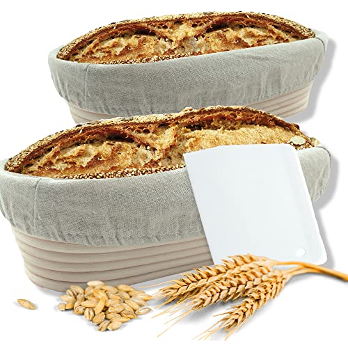 Gärkorb 2er Set + Teigschaber, 2 Gärkörbe für Brot und Brotteig - Peddigrohr (oval, 28 und 35 cm) mit Leineneinsatz, rostfrei geklammert von riijk