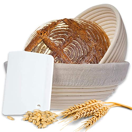 riijk Gärkorb 2er Set + Teigschaber, 2 Gärkörbe für Brot und Brotteig - Peddigrohr (rund, 22 und 25 cm) mit Leineneinsatz, rostfrei geklammert von riijk