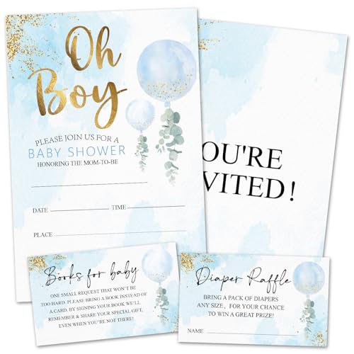 rizotus Einladungen zur Babyparty für Mädchen und Jungen, blaue Luftballons, Partyeinladungen mit Umschlägen, inklusive Buchanfragekarten und Windel-Tickets, Partyzubehör, 25 Stück rizotus Einladungen zur Babyparty für Mädchen und Jungen, blaue Luftballons, Partyeinladungen mit Umschlägen, inklusive Buchanfragekarten und Windel-Tickets, Partyzubehör, 25 Stück von rizotus