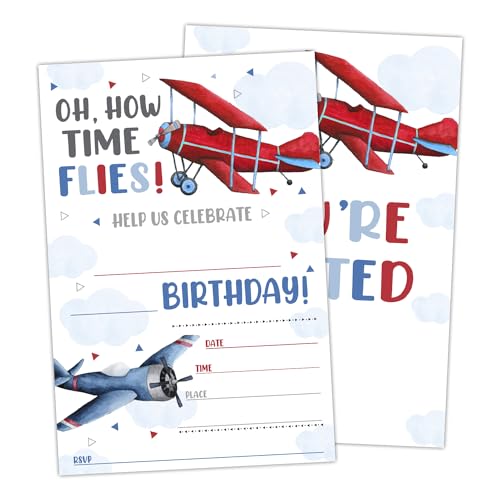 rizotus Flugzeug-Geburtstagseinladungen für Jungen, Flugzeug Geburtstag Party Einladungen Karten für Kinder, How Time Flies Party Feier, Set von 20 Karten mit Umschlägen -A03 von rizotus