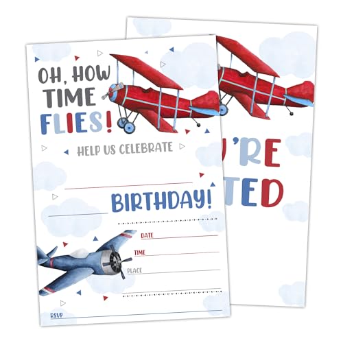 rizotus Flugzeug-Geburtstagseinladungen für Jungen, Flugzeug Geburtstag Party Einladungen Karten für Kinder, How Time Flies Party Feier, Set von 20 Karten mit Umschlägen -A03 rizotus Flugzeug-Geburtstagseinladungen für Jungen, Flugzeug Geburtstag Party Einladungen Karten für Kinder, How Time Flies Party Feier, Set von 20 Karten mit Umschlägen -A03 von rizotus