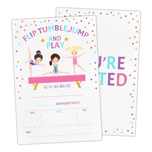 rizotus Gymnastik-Geburtstagseinladungen für Mädchen, Goldfolie, Geburtstagsparty-Einladungskarten für Kinder, Flip, Tumble, Jump and Play Party Feier, Set mit 20 Karten mit Umschlägen - A22 von rizotus