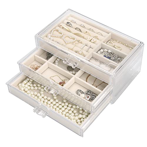 Jewellery Schmuckkästchen aus Acryl mit 3 Schubladen, Samt Schmuckkasten, Schmuckschatulle Mädchen, Schmuck Organizer Ohrringe, Ringe, Halsketten, Armbänder, Vitrine, Geschenk für Frauen, Beige von rokrist