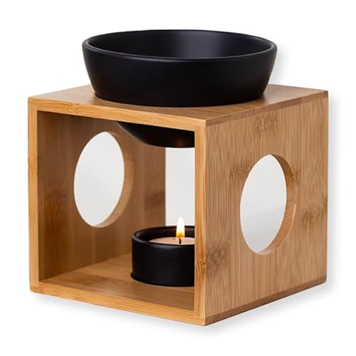 rooted.® | Duftlampe Bamboo Teelicht | Design Aromalampe aus Bambus und Keramik | Holz-Stövchen für ätherische Öle, Duftöl und Duftwachs | Natur u. Matt Schwarz | Deutsche Markenqualität von rooted.