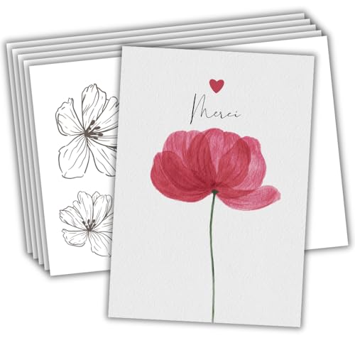 roxisha - 10 Stück Danksagungskarten + bedruckte Umschläge | Mohnblume | Postkarte 10,4 x 14,8 cm | Dankeskarten Hochzeit Geburt Geburtstag Taufe Party Kommunion Ruhestand von roxisha