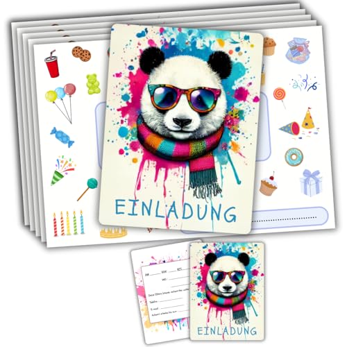 roxisha - Set mit 10 Einladungskarten Geburtstag Panda + Umschläge - für Teenager und kreative Kids - Postkartenformat 10,4 x 14,8 cm - Vorgefertigt auf Deutsch - Ideal für bunte Geburtstagsparty von roxisha