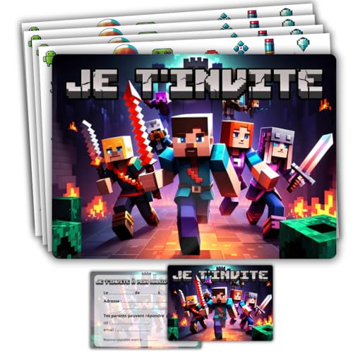 roxisha - Set mit 10 Einladungskarten zum Geburtstag, Thema Minecraft + Umschläge – Jungen und Teenager – Postkarte 10,4 x 14,8 cm – vorgefüllt auf Französisch – ideal für Party und Snack zum roxisha - Set mit 10 Einladungskarten zum Geburtstag, Thema Minecraft + Umschläge – Jungen und Teenager – Postkarte 10,4 x 14,8 cm – vorgefüllt auf Französisch – ideal für Party und Snack zum von roxisha