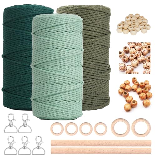 Makramee Garn 3mm x 60m 3er Makramee Set für DIY Handwerk Makramee Wandbehang Traumfänger Blumenampel Vorhang Bastelset Schnurkette, Mit 5 Schlüsselanhänger 60 Holzperlen 6 Holzringe 2 Rundstab von rumitpan