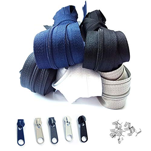 Reißverschluss endlos 3mm 15m 5 Farben Nylon Endlosreißverschluss mit 30 Zipper und 60 Endstück, Reißverschlüsse spiralförmig Meterware teilbar, 2.5cm breit für Kleidung Tasche Mäppchen Bettwäsche von rumitpan