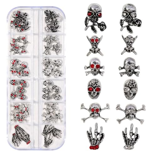 RUNRAYAY 52 Stück 3D-Halloween-Nagel-Anhänger, Kreuz, verchromtes Metall, Nagelkunst-Anhänger, Vintage-Gothic-Retro-Punk-Schädel, gemischt für Maniküre, G RUNRAYAY 52 Stück 3D-Halloween-Nagel-Anhänger, Kreuz, verchromtes Metall, Nagelkunst-Anhänger, Vintage-Gothic-Retro-Punk-Schädel, gemischt für Maniküre, G von runrayay