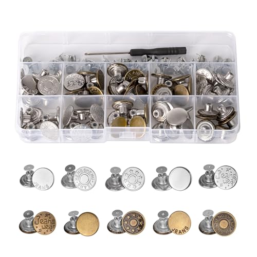 70 Stück Knöpfe Jeansknopf, 17mm Jeans Knopf ohne Nähen, Jeansknöpfe zum Schrauben, Hosenknöpfe ohne Nähen, Metallknöpfe Ersatzknöpfe für Hosenknopf Jeans Buttons DIY Reparatur(10 Stile) von runxsam